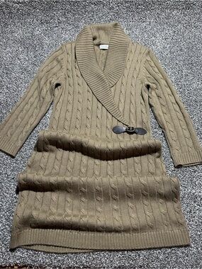 Calvin Klein Cable-Knit Turtleneck Sweater Dress in Olive